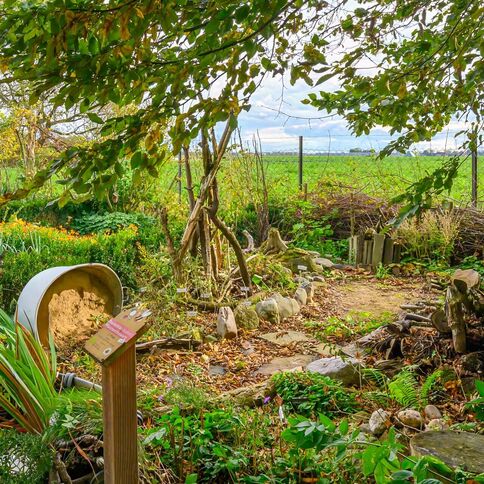 Ein idyllischer Gartenpfad führt durch üppiges Grün und bunte Blumen in eine weite Landschaft.