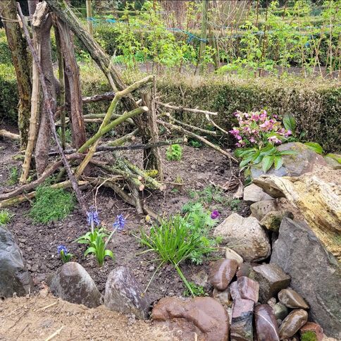 Ein Insektengarten in Tuppenhof, Kaarst zeigt natürliche Strukturen aus Ästen und Steinen mit blühenden Blumen.