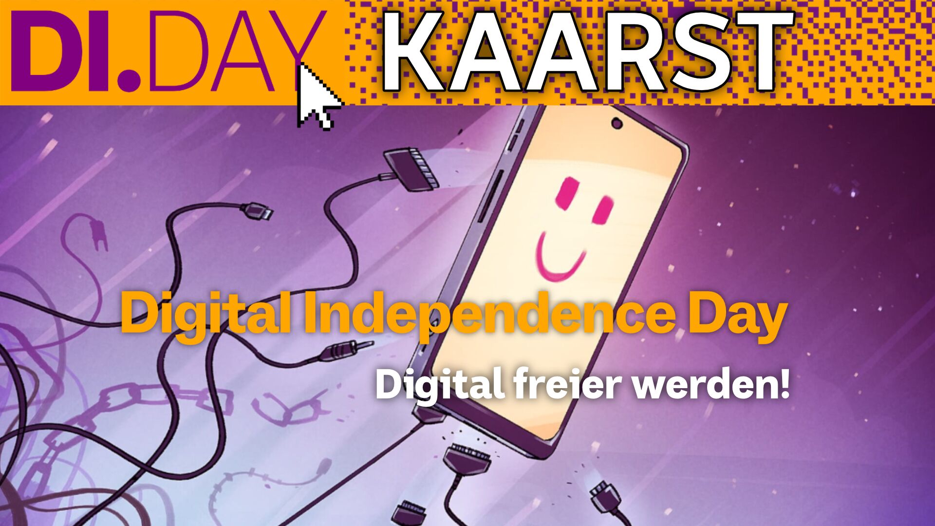 Ein fröhliches Smartphone mit lächelndem Gesicht und Kabeln wirbt für den Digital Independence Day in Kaarst.