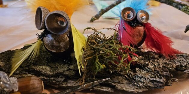 Zwei aus Naturmaterialien gebastelte Figuren mit bunten Federn sitzen auf einem Stück Rinde beim Herbstbasteln.