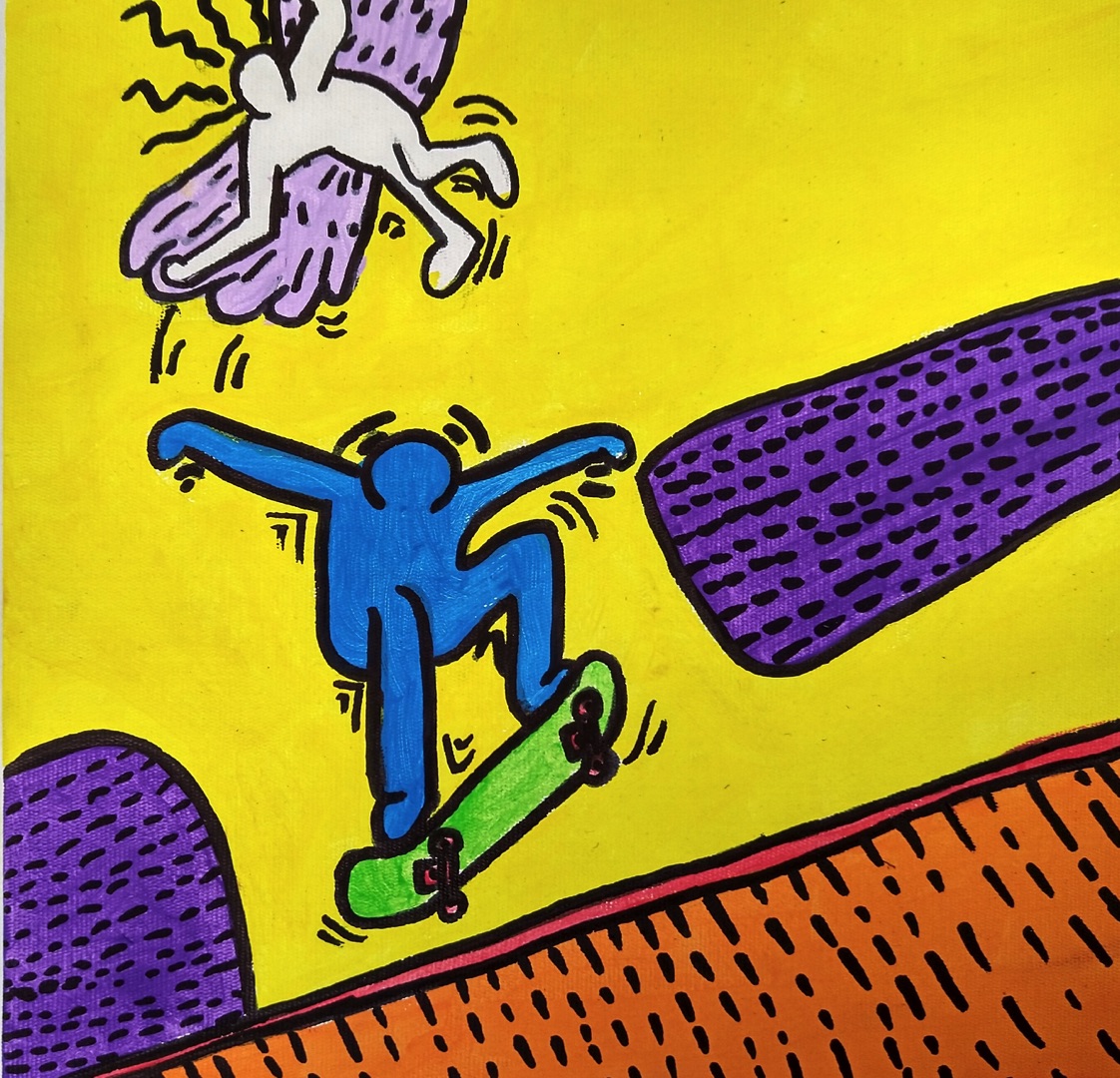 Ein blauer Skateboardfahrer springt über eine lila Rampe auf einem bunten Hintergrund, inspiriert von Tuppenhof, Kaarst.