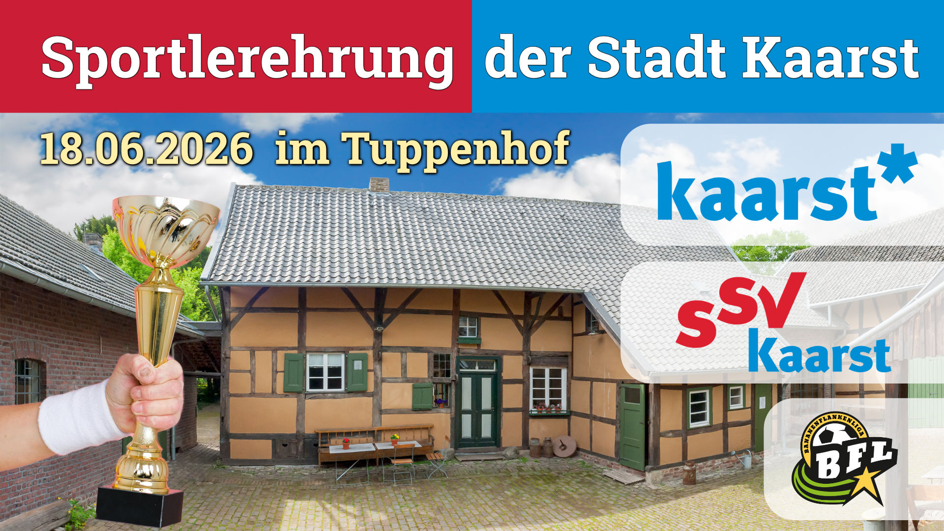 Die Sportlerehrung der Stadt Kaarst findet am 18. Juni 2026 im Tuppenhof statt, während eine Trophäe präsentiert wird.