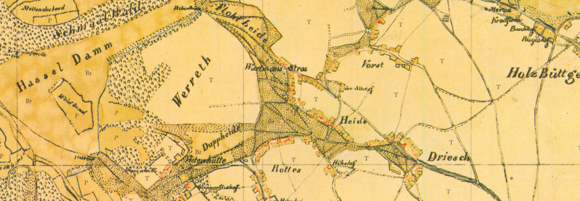 Ausschnitt aus der Karte 43 Osterath der Kartenaufnahme der Rheinlande durch Tranchot und von Müffling 1803 - 1820
