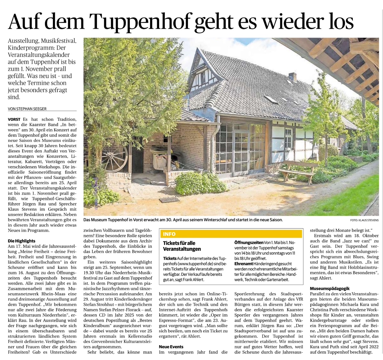 Das Museum auf dem Tuppenhof in Kaarst eröffnet am 30. April die neue Saison mit einem bunten Veranstaltungsprogramm.