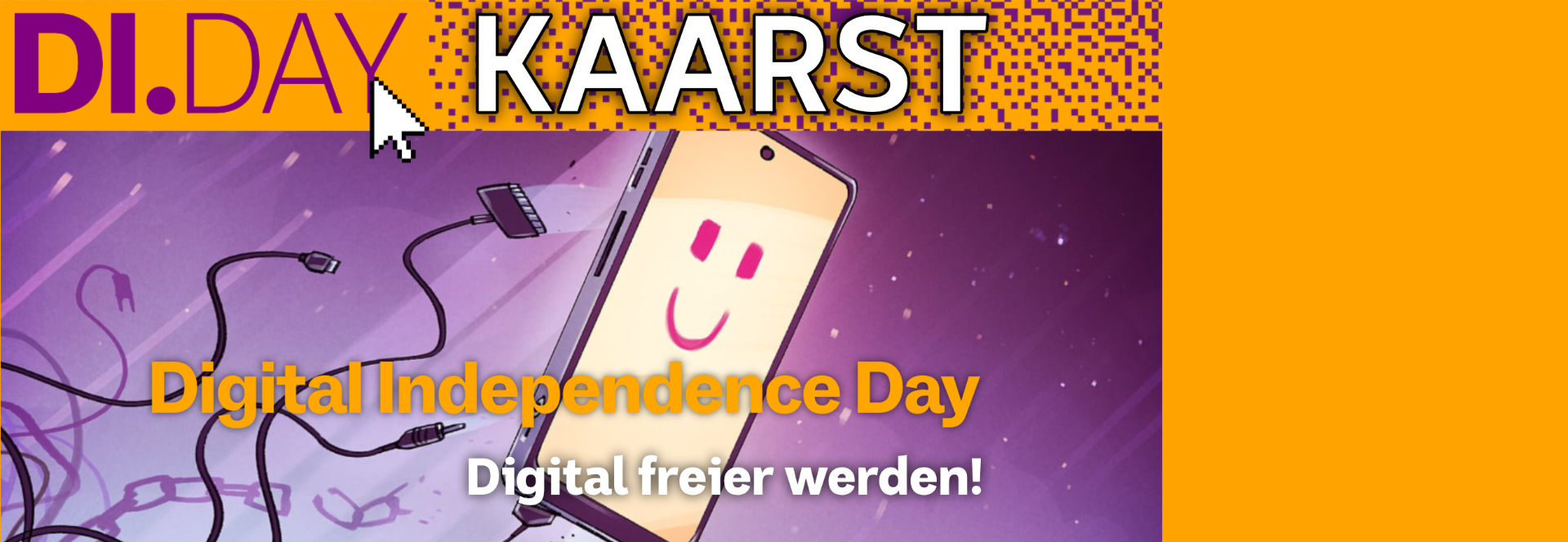 Ein fröhliches Smartphone mit einem lächelnden Gesicht symbolisiert den Digital Independence Day in Kaarst.